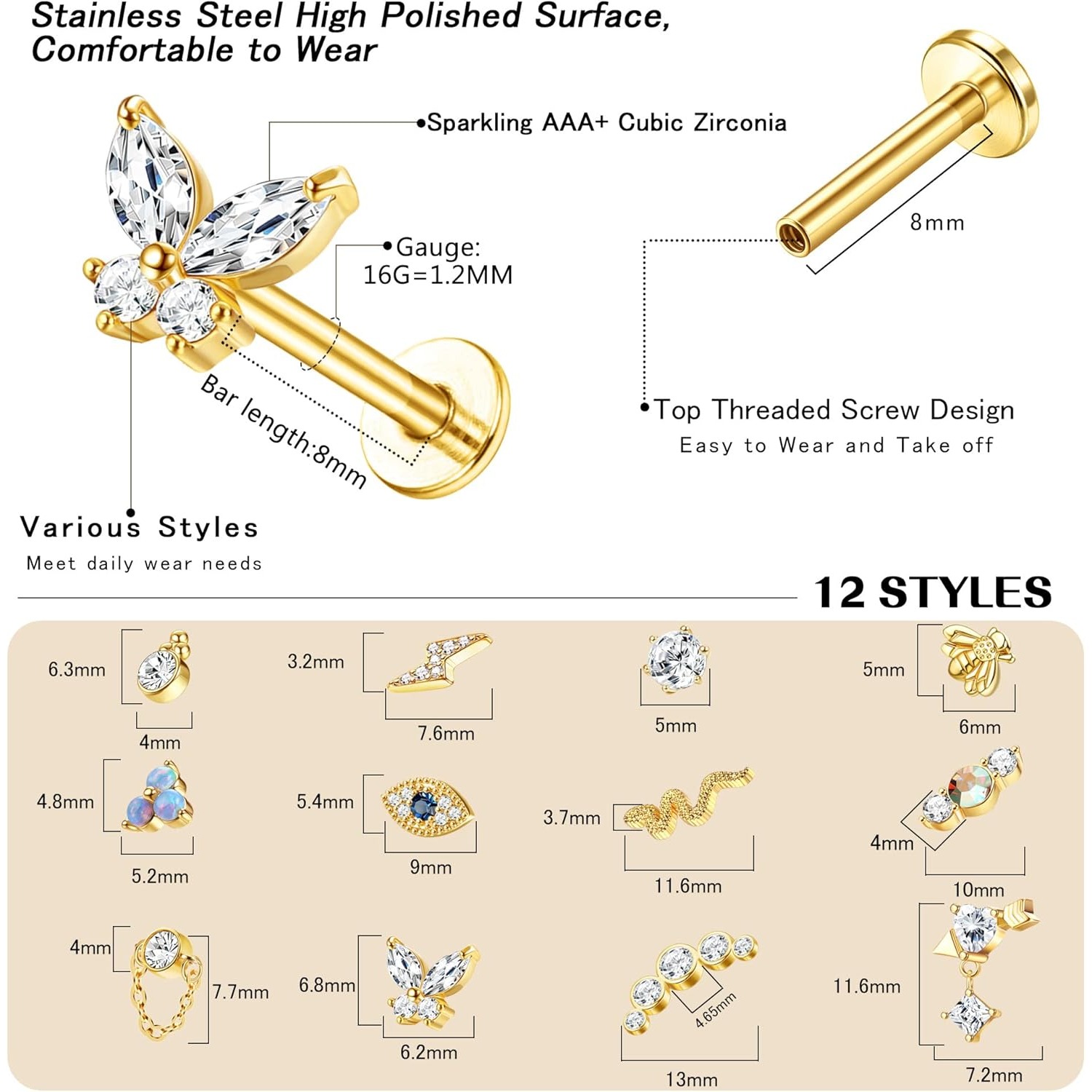 Bobisty, 1 pieza, pendientes d - Body Jewelry Surgical Steel reseña y precio